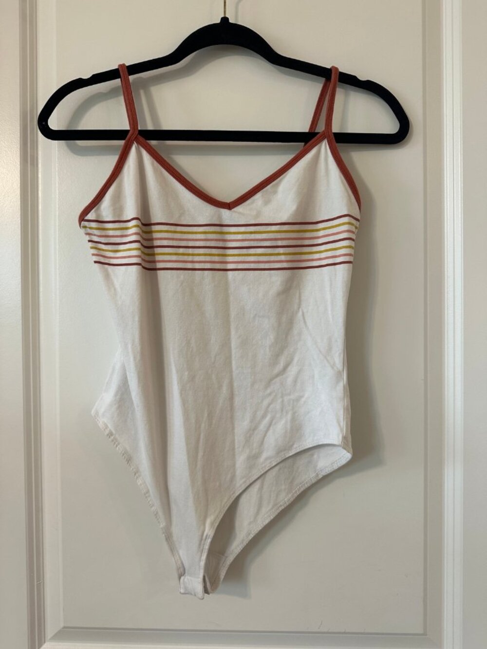 Forever 21 White Striped Bodysuit Rust Trim Women's M